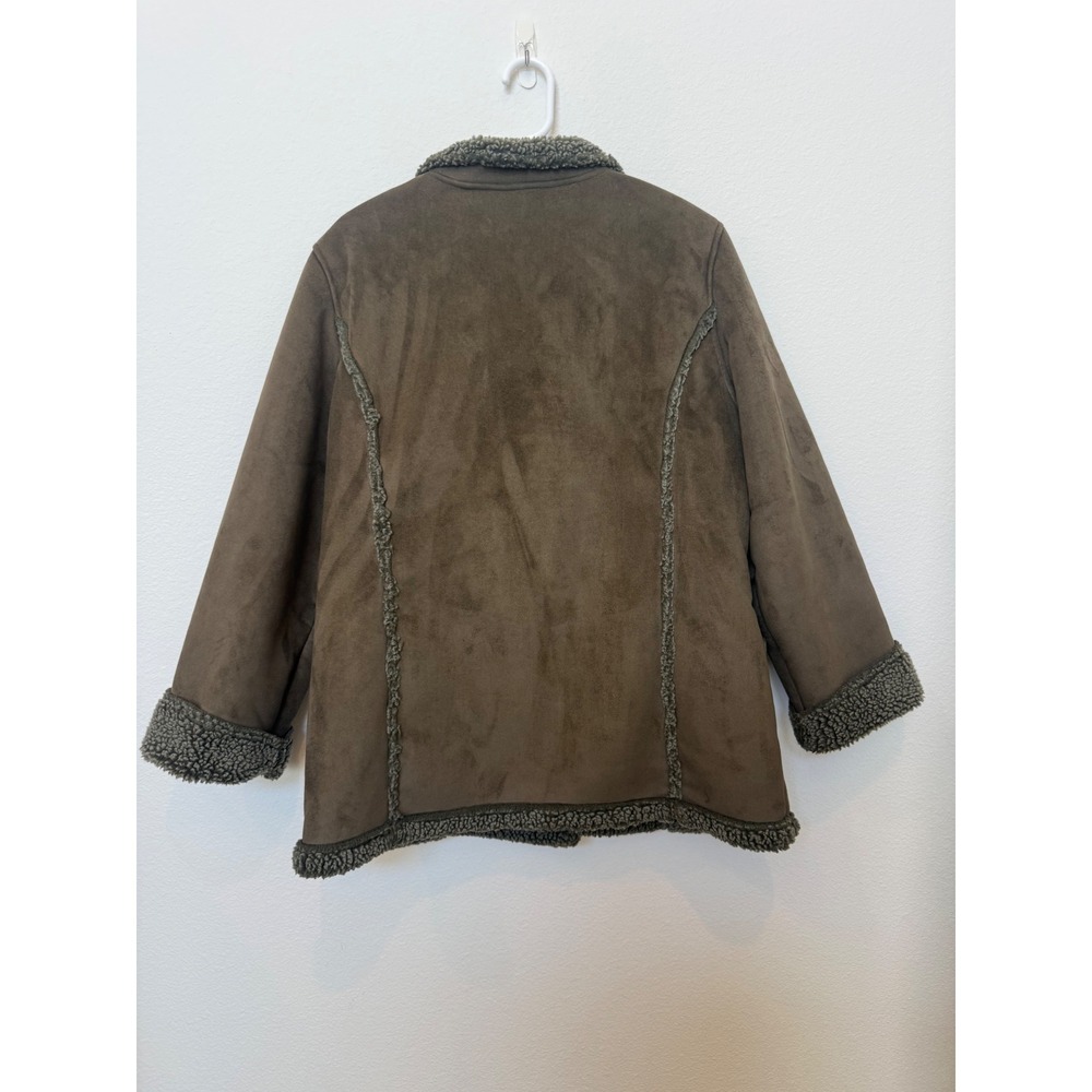 L.L. Bean Faux Shearling Coat Womens LP Large Petite Brown Olive Faux Suede Vtg - Picture 2 of 7